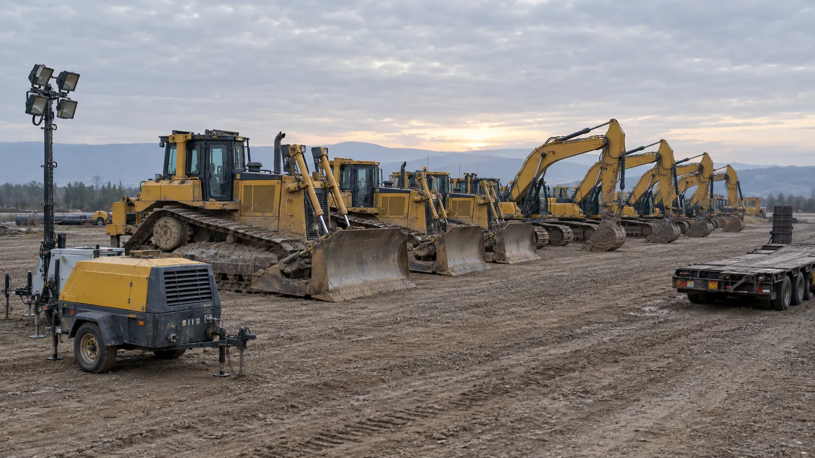 Dozers and excavators parked in a row in the equipment yard at first light, with a portable compressor and light plant in the foreground.