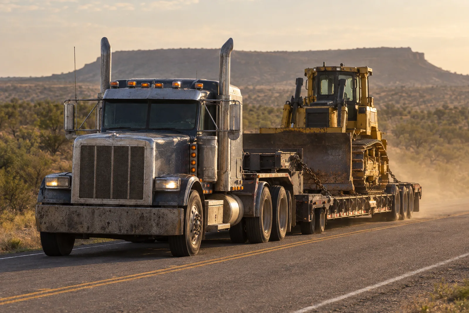 A heavy-haul tractor pulling a lowboy trailer loaded with a tracked machine along a two-lane highway.