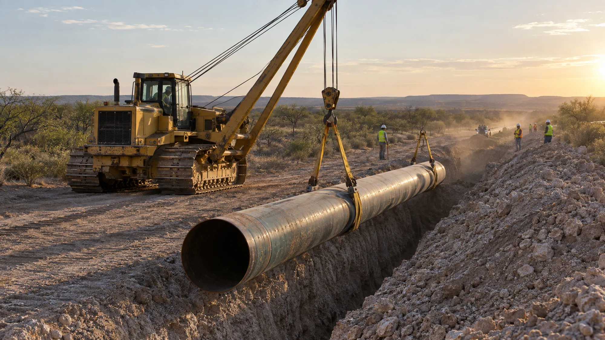 A side boom tractor lowering a section of steel pipe into a trench on a west Texas right-of-way.